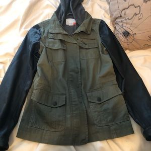 Green Army Jacket With Leather Sleeves
